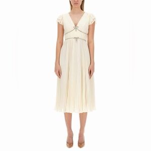 Self-Portrait Cream Chiffon Midi Dress with Sparkle